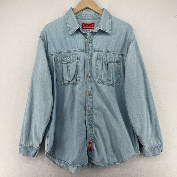 MARLBORO COUNTRY STORE Shirt Mens L Denim Button Up Cowboy Vintage Cotton Blue - Picture 1 of 12